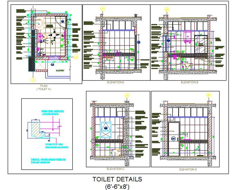 Toilet Design CAD DWG Complete (6'-6x8') Layout & Details